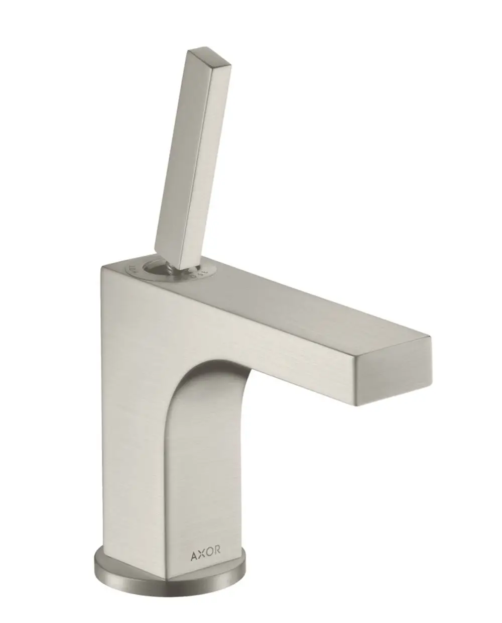 Ein Einhebel-Waschtischmischer aus Edelstahl-optik von AXOR mit einem kantigen Design und einem vertikalen Griff zur Steuerung des Wasserflusses.
